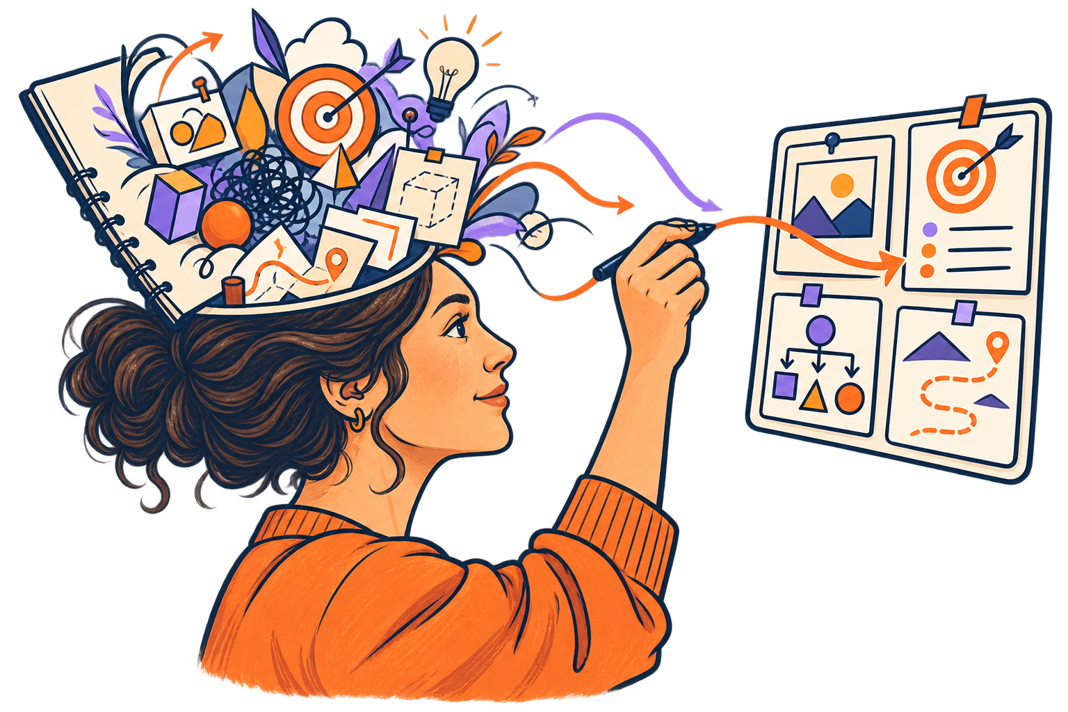 A person draws the ideas in their head into a clear four-part conversation map