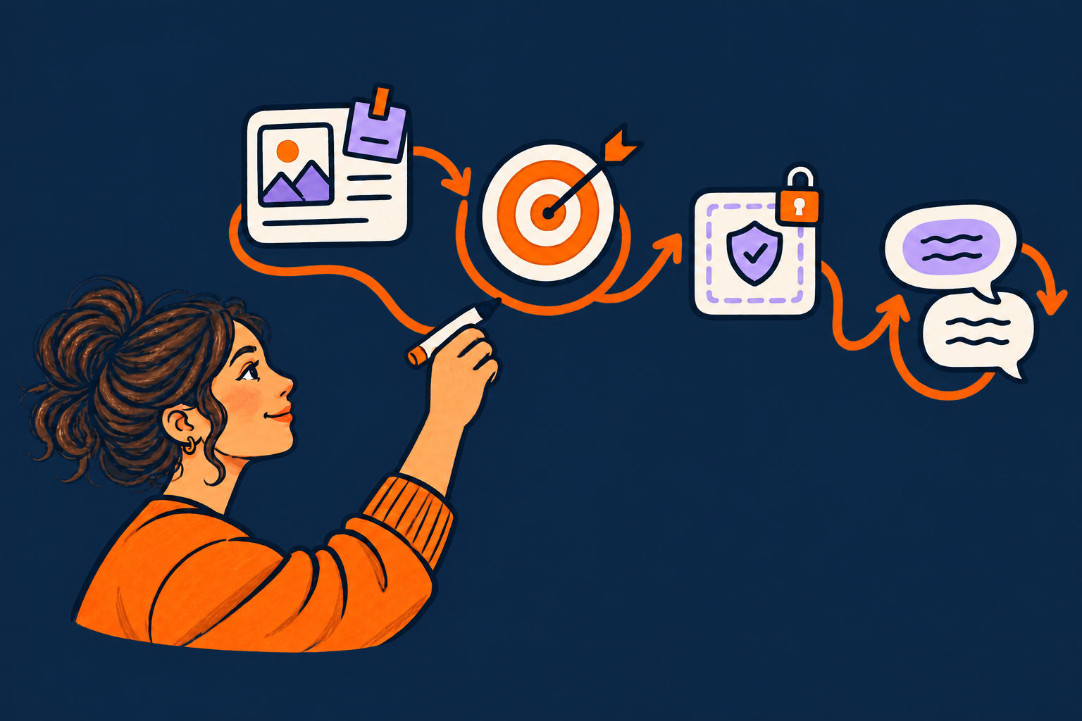 A person draws a path through context, a target, guardrails, and a back-and-forth conversation