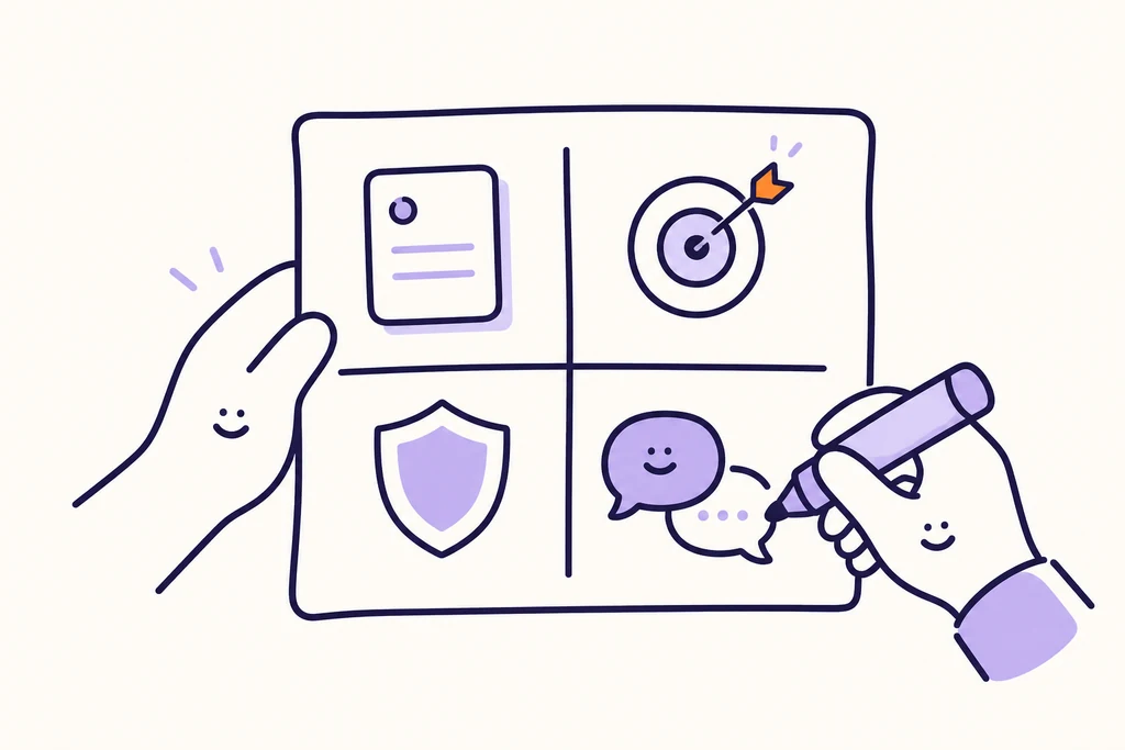 Two friendly hand characters fill in a four-part conversation worksheet