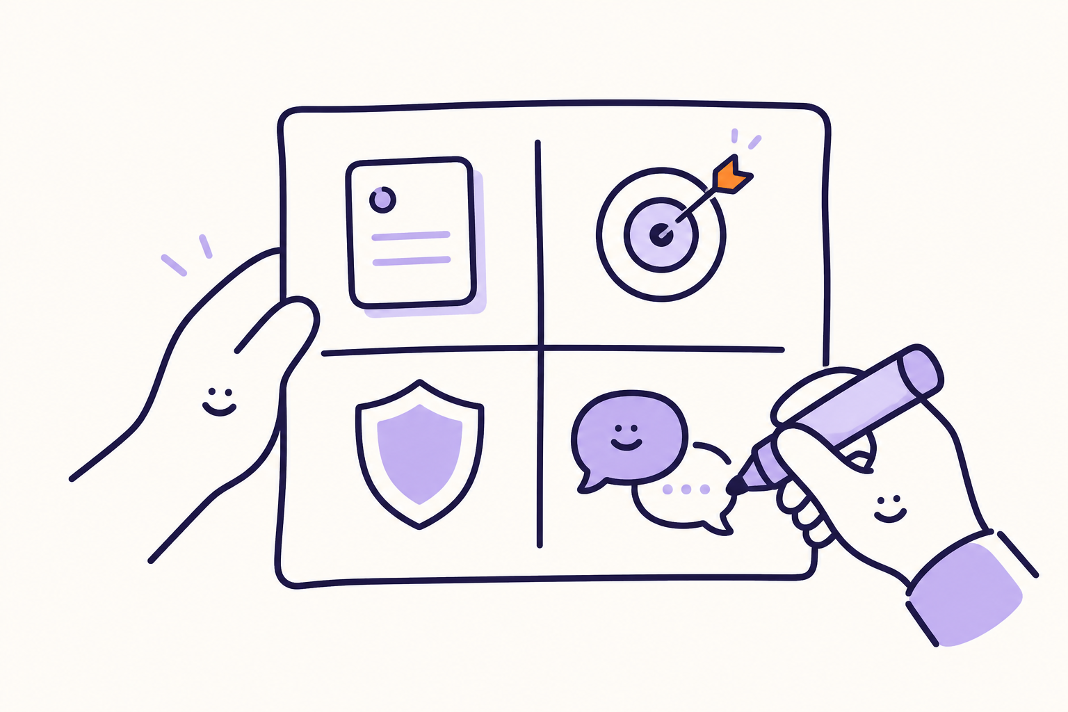 Two friendly hand characters fill in a four-part conversation worksheet