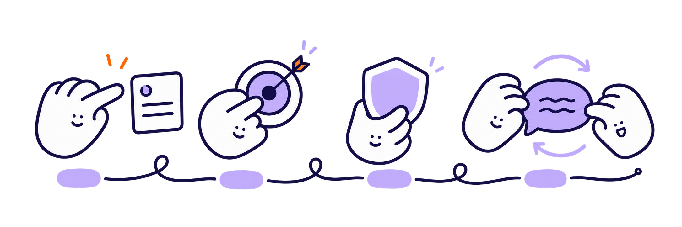 Four friendly hand characters show a fact, target, guardrail, and back-and-forth conversation