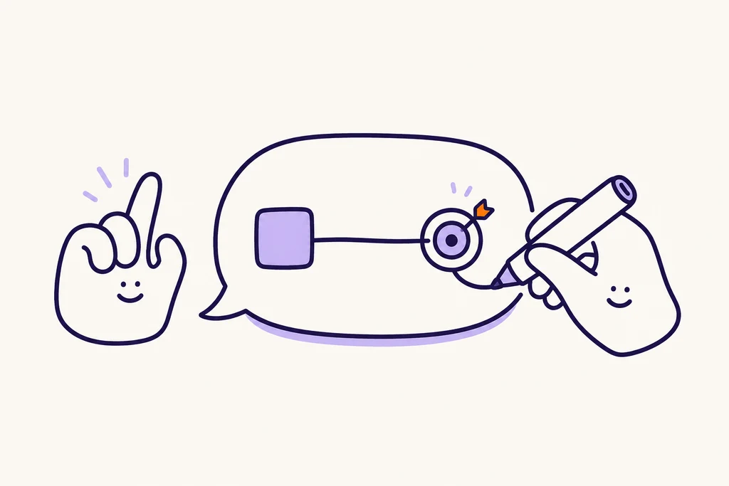 Two friendly hand characters draw a clear path from an idea to a target inside a conversation bubble