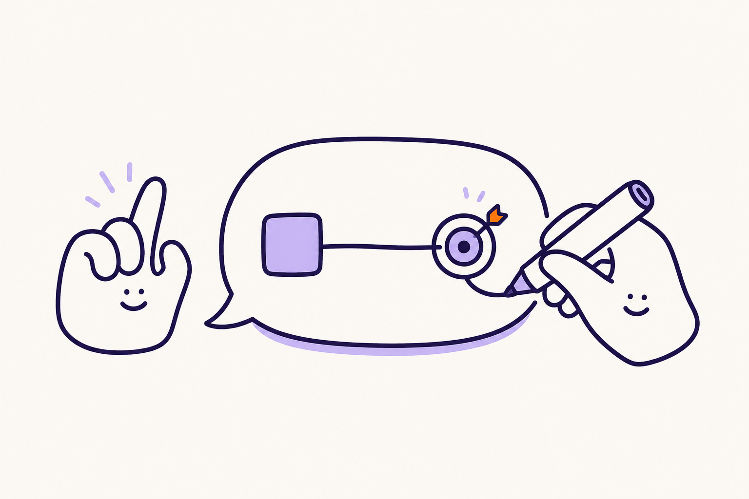Two friendly hand characters draw a clear path from an idea to a target inside a conversation bubble