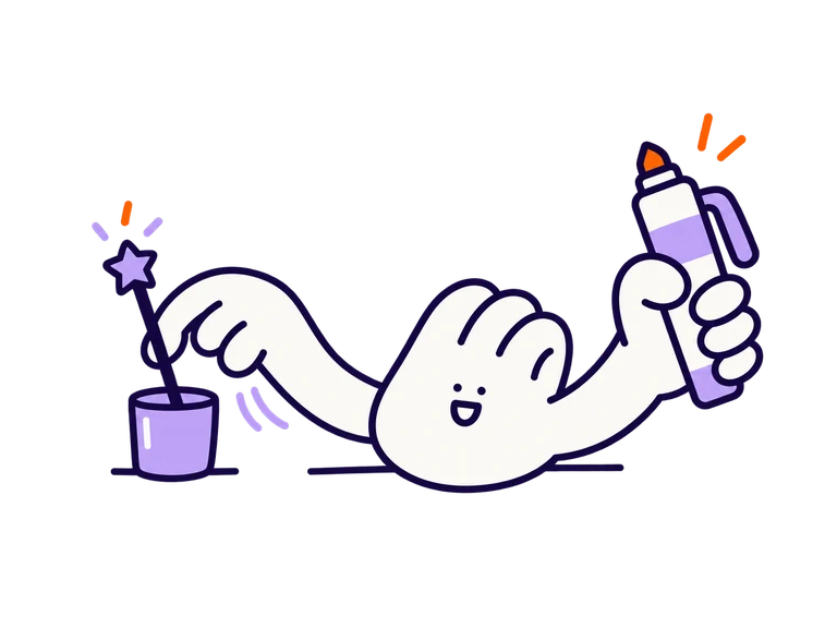 A friendly hand character puts down a magic wand and chooses a marker