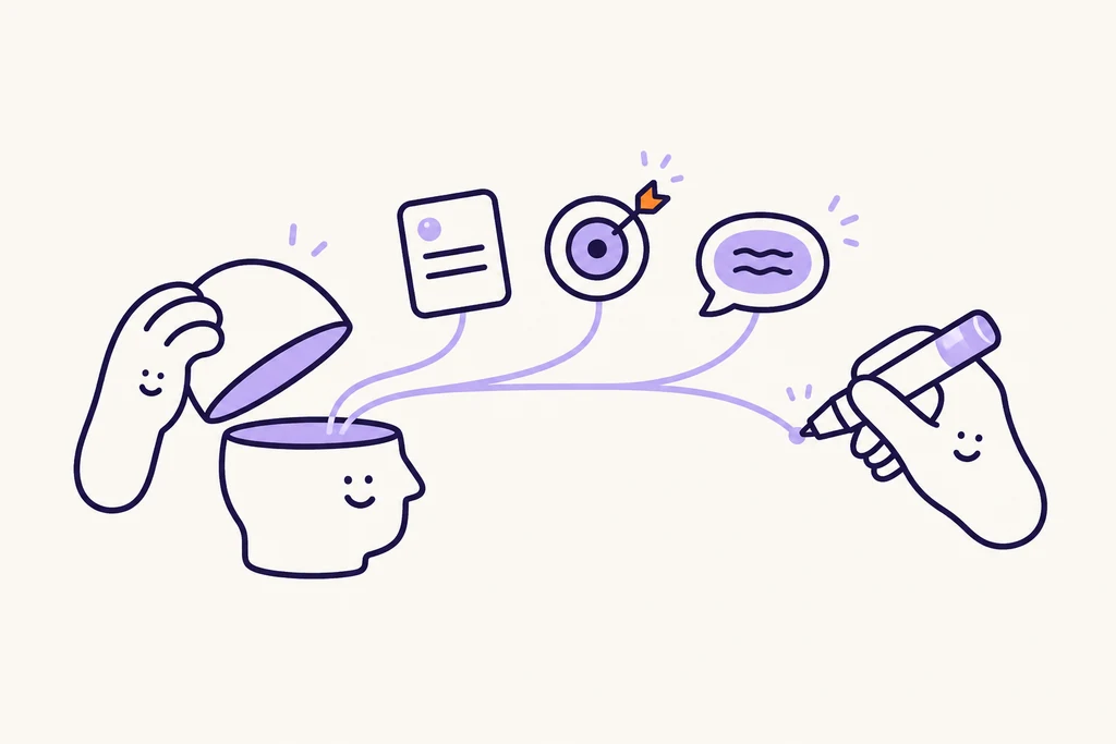 Friendly hand characters lift ideas from a head and connect a fact, target, and conversation