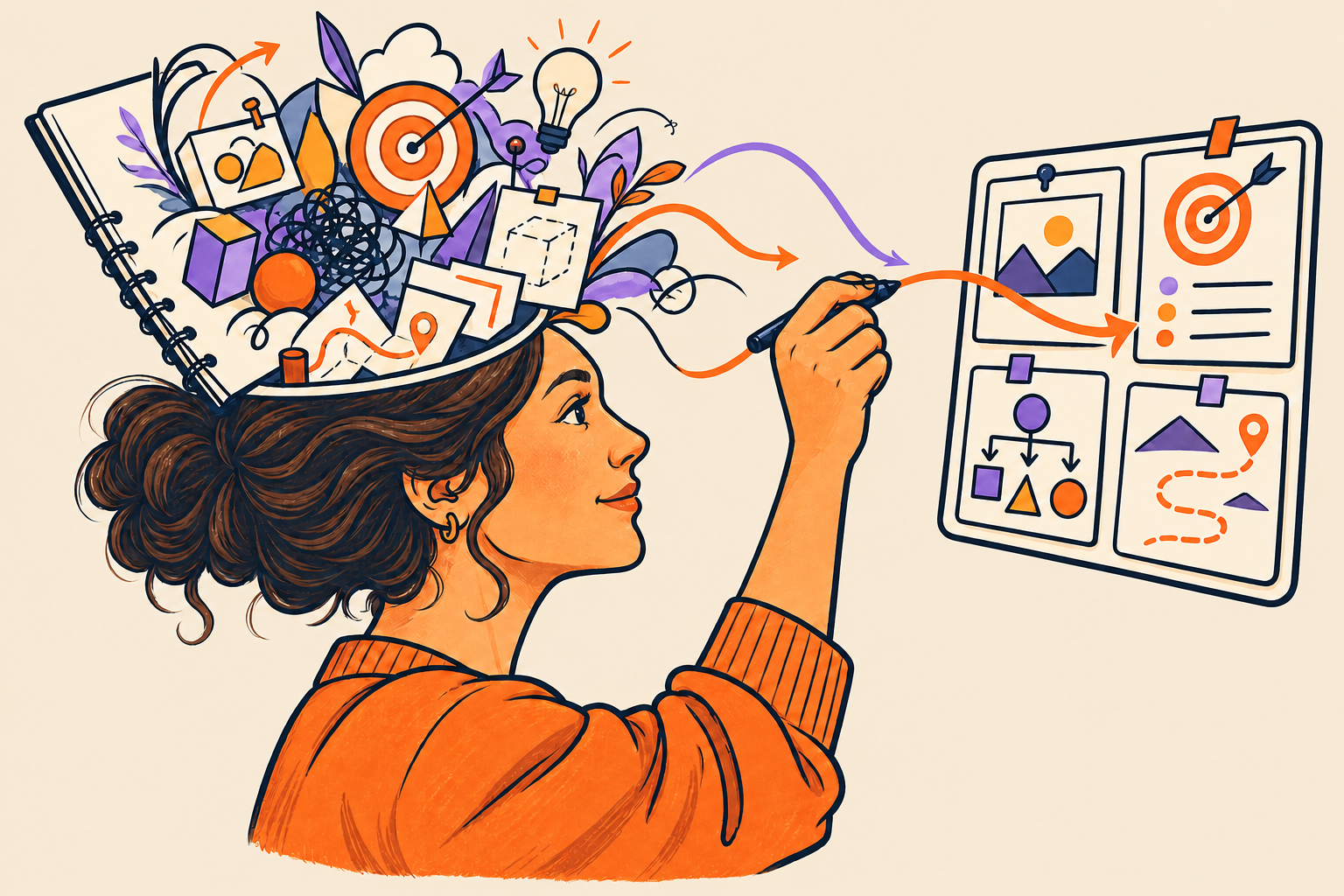 A person drawing the ideas in their head into a clear four-part conversation map